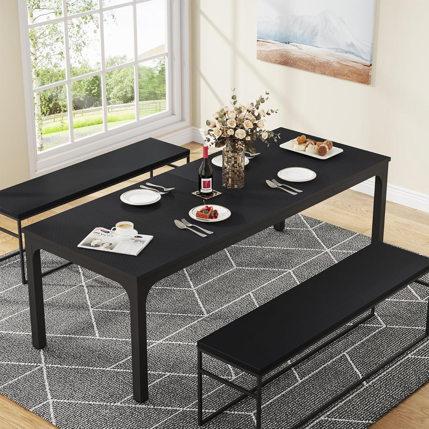 Black Dining Table for 6-8 Person, 78 Inch Large Long Rectangle Kitchen Dinner Table for Dining Room, 78.7 X 27.5 X 29.5 Inches(Only Table)-1