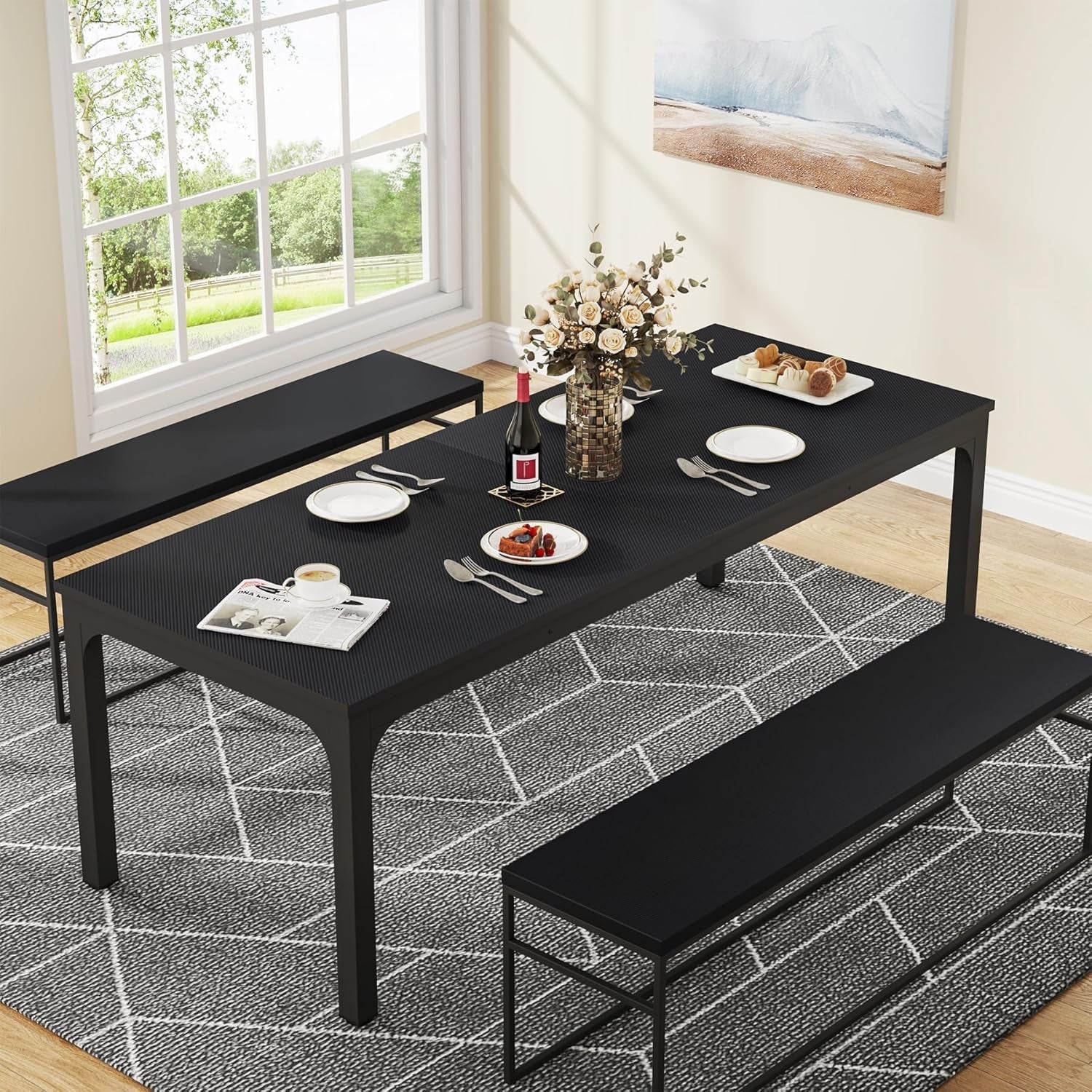 Black Dining Table for 6-8 Person, 78 Inch Large Long Rectangle Kitchen Dinner Table for Dining Room, 78.7 X 27.5 X 29.5 Inches(Only Table)-1