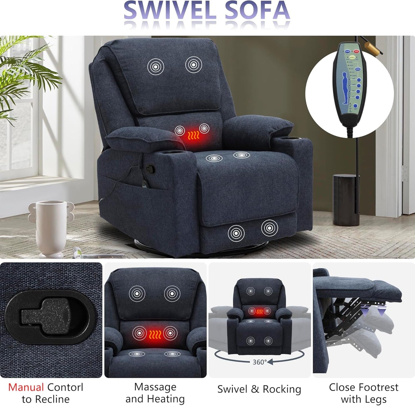 Reclining Living Room Set, 2-Piece Recliner Furniture Sofa, Loveseat Recliner and Swivel Recliner Chair with Cup Houlders for Living Room,Navy Blue-3