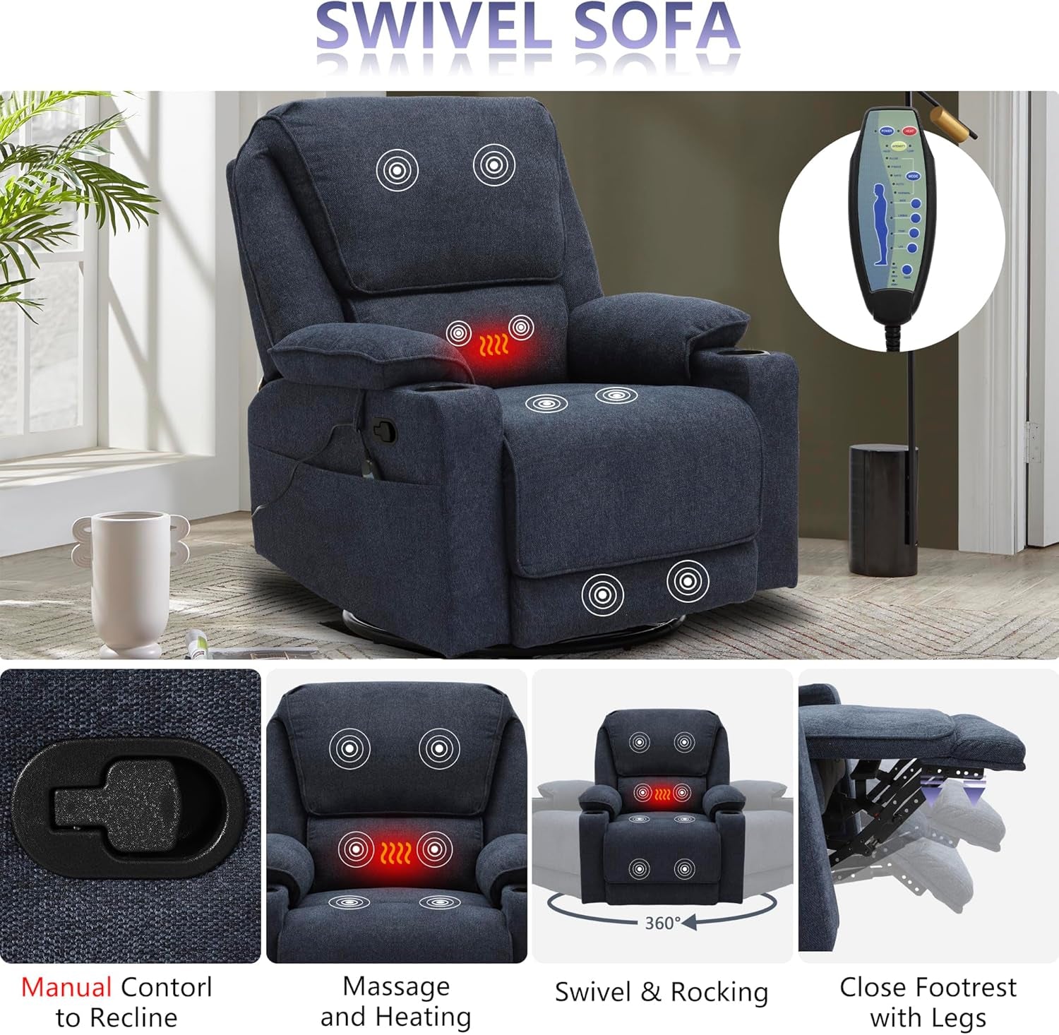 Reclining Living Room Set, 2-Piece Recliner Furniture Sofa, Loveseat Recliner and Swivel Recliner Chair with Cup Houlders for Living Room,Navy Blue-3