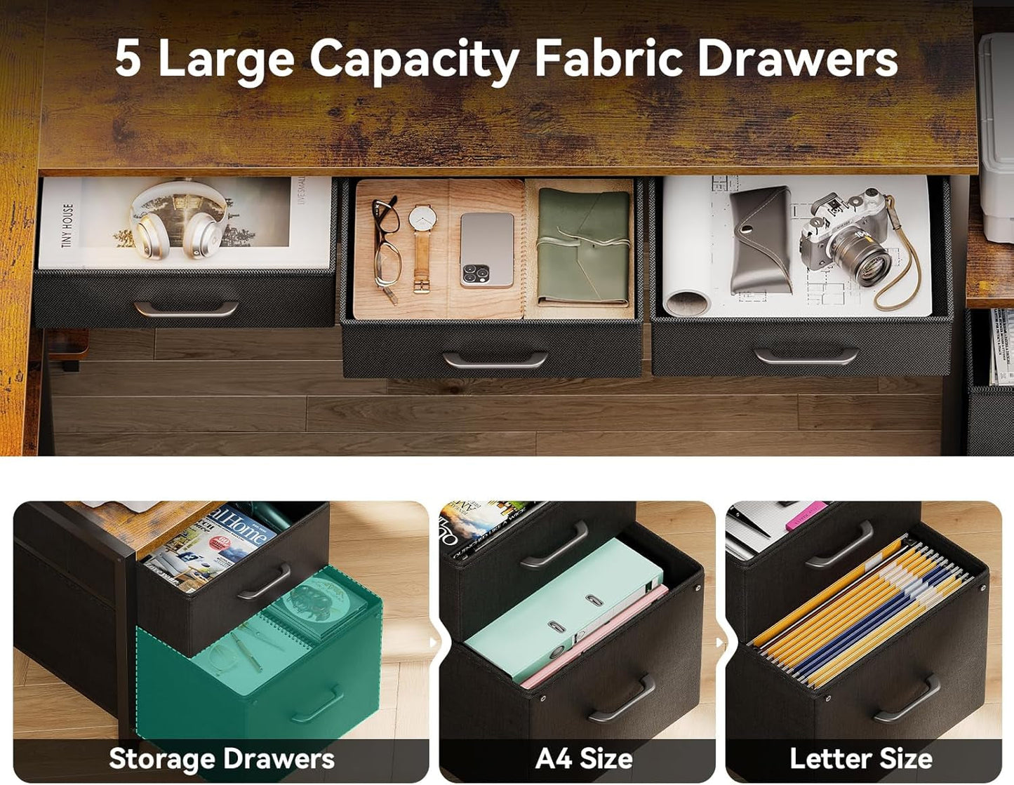 79 Inch L Shaped Desk with File Drawers, Reversible L Shaped Gaming Desk with Power Outlets & LED Lights, Computer Desk with Storage Shelves for Home Office, Vintage-3