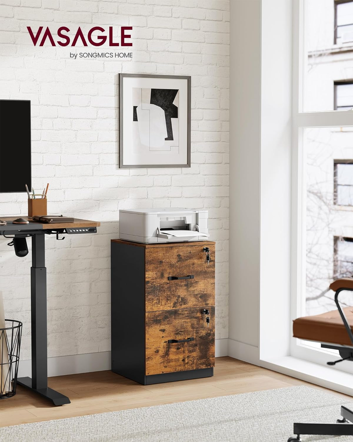 2 Drawer File Cabinet, File Cabinet with Lock, Printer Stand, Office Filing Cabinet Organizer, for A4 and Letter Size Files, Rustic Brown and Black UOFC061B01-1
