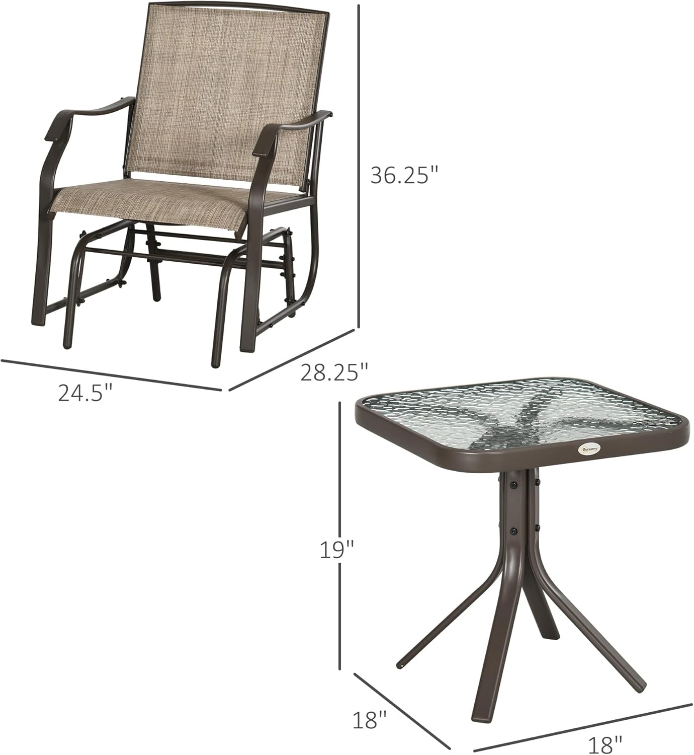 3 Piece Outdoor Glider Chair with Coffee Table Bistro Set, 2 Patio Rocking Swing Chairs with Breathable Sling Fabric, Glass Tabletop, for Backyard, Garden and Porch, Mixed Brown-4