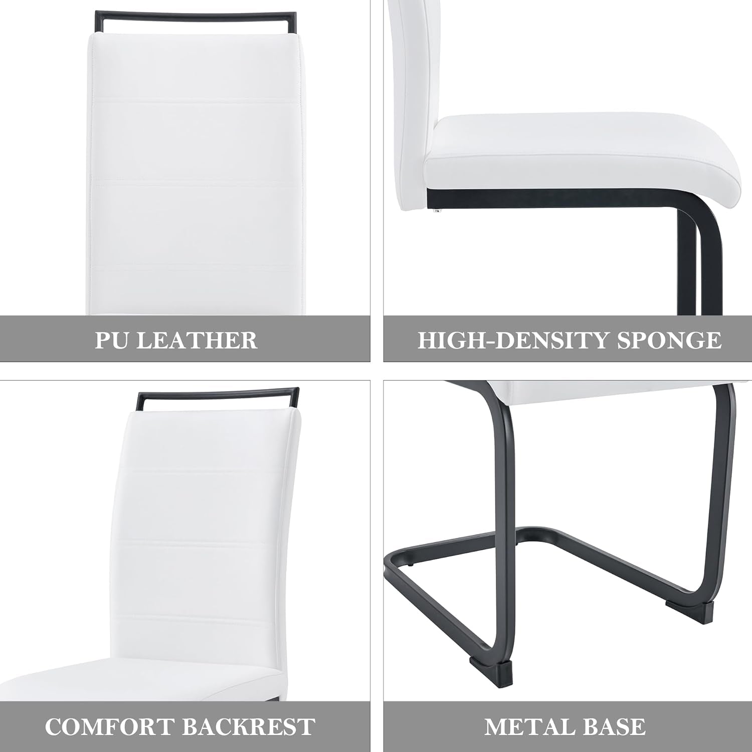 Modern Dining Chairs Set of 4, PU Faux Leather High Back Upholstered Dining Room Side Chair with Horizontal Stripe Backrest Design for Kitchen Living Room Dinner Chairs, White with Black Legs-3