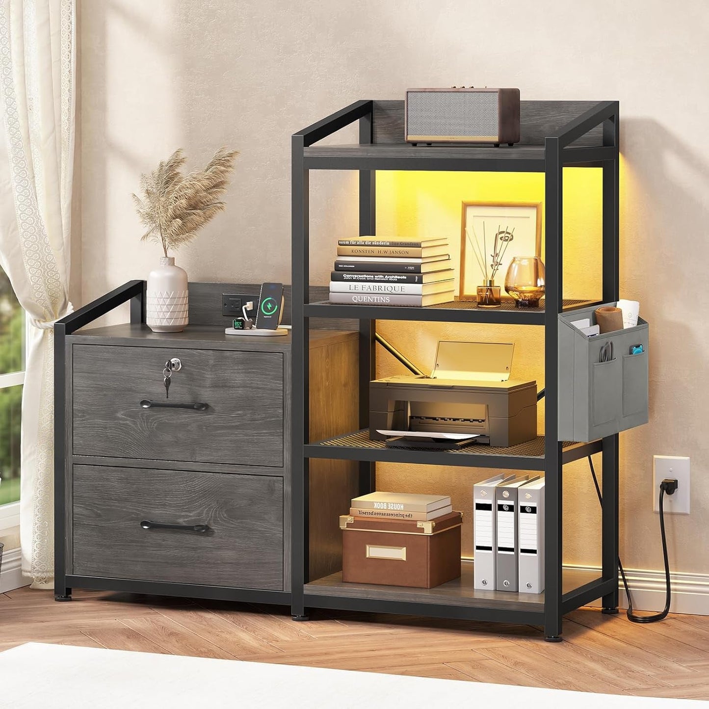 2 Drawer File Cabinet, Filing Cabinet Fits Letter Legal, A4 Size, File Cabinets for Home Office with Lock, Power Strip, LED Lights and Open Shelf, Grey-0