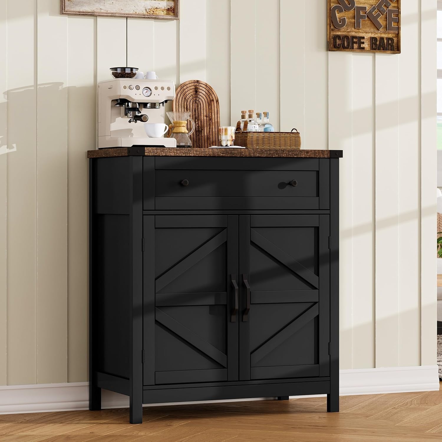 Kitchen Storage Cabinet, Coffee Bar Cabinet, Buffet Sideboard Cabinet with Drawer, Entryway Cabinet for Kitchen, Living Room, Black-0