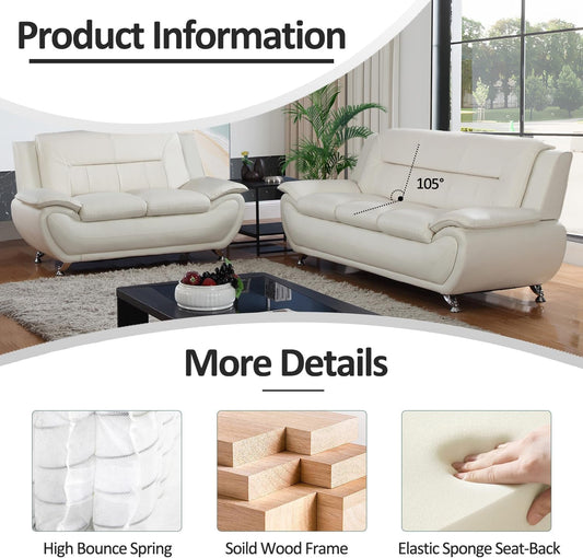 Living Room Furniture Set, Faux Leather Sofa Couch Set, 3 Pieces Modern Sofa Set for Living Room/Apartment/Office (White)-1