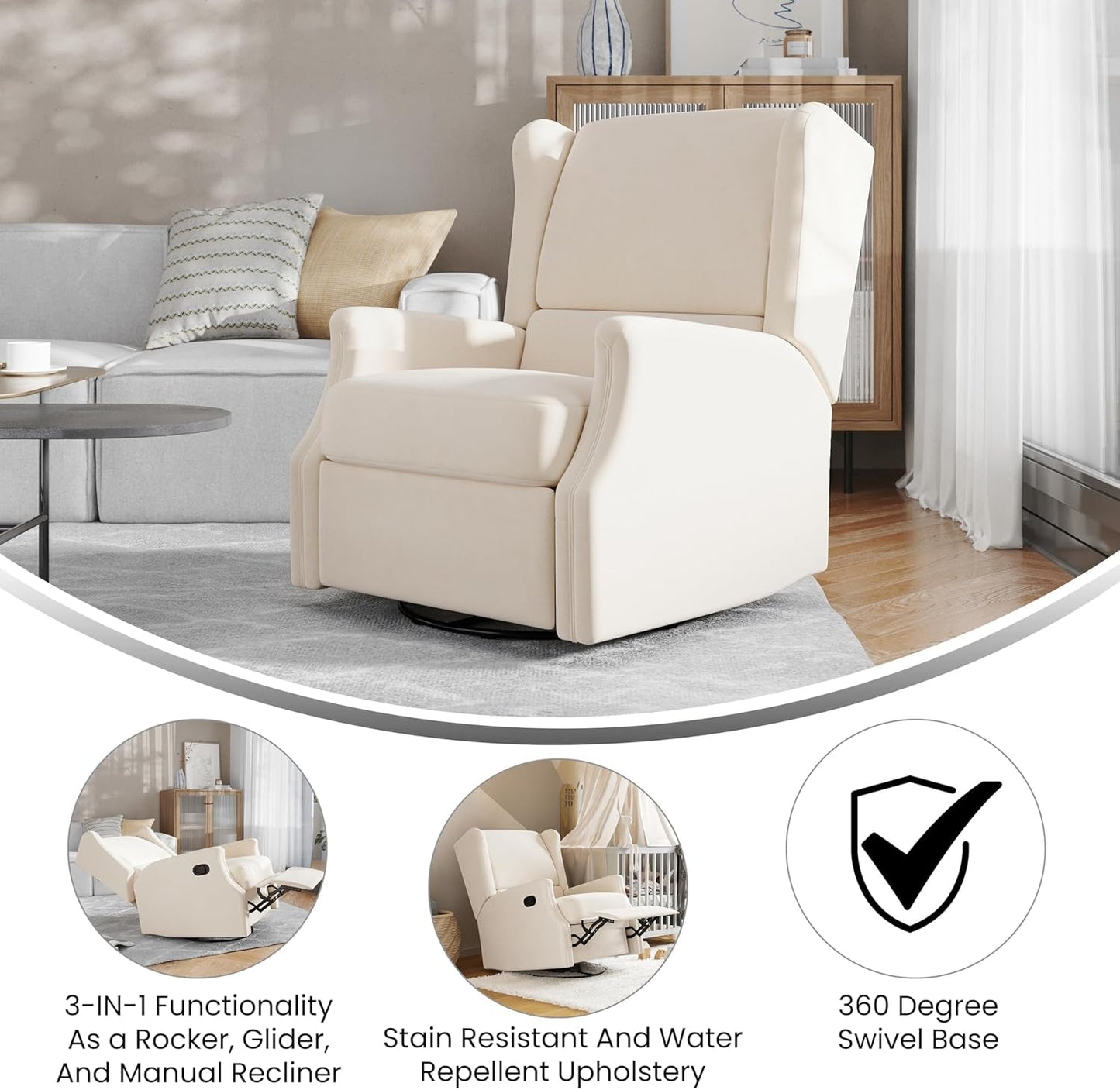 Omma Swivel Glider Rocking Recliner, Manual Wingback Recliner with 360 Degree Swivel, for Living Room, Bedroom, or Nursery, Upholstered, Cream-3