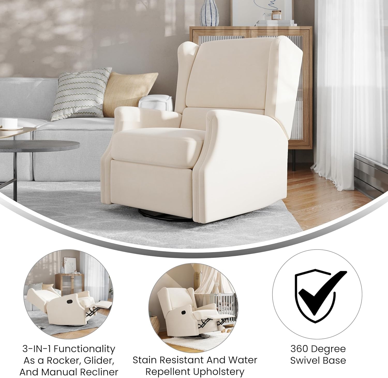 Omma Swivel Glider Rocking Recliner, Manual Wingback Recliner with 360 Degree Swivel, for Living Room, Bedroom, or Nursery, Upholstered, Cream-3