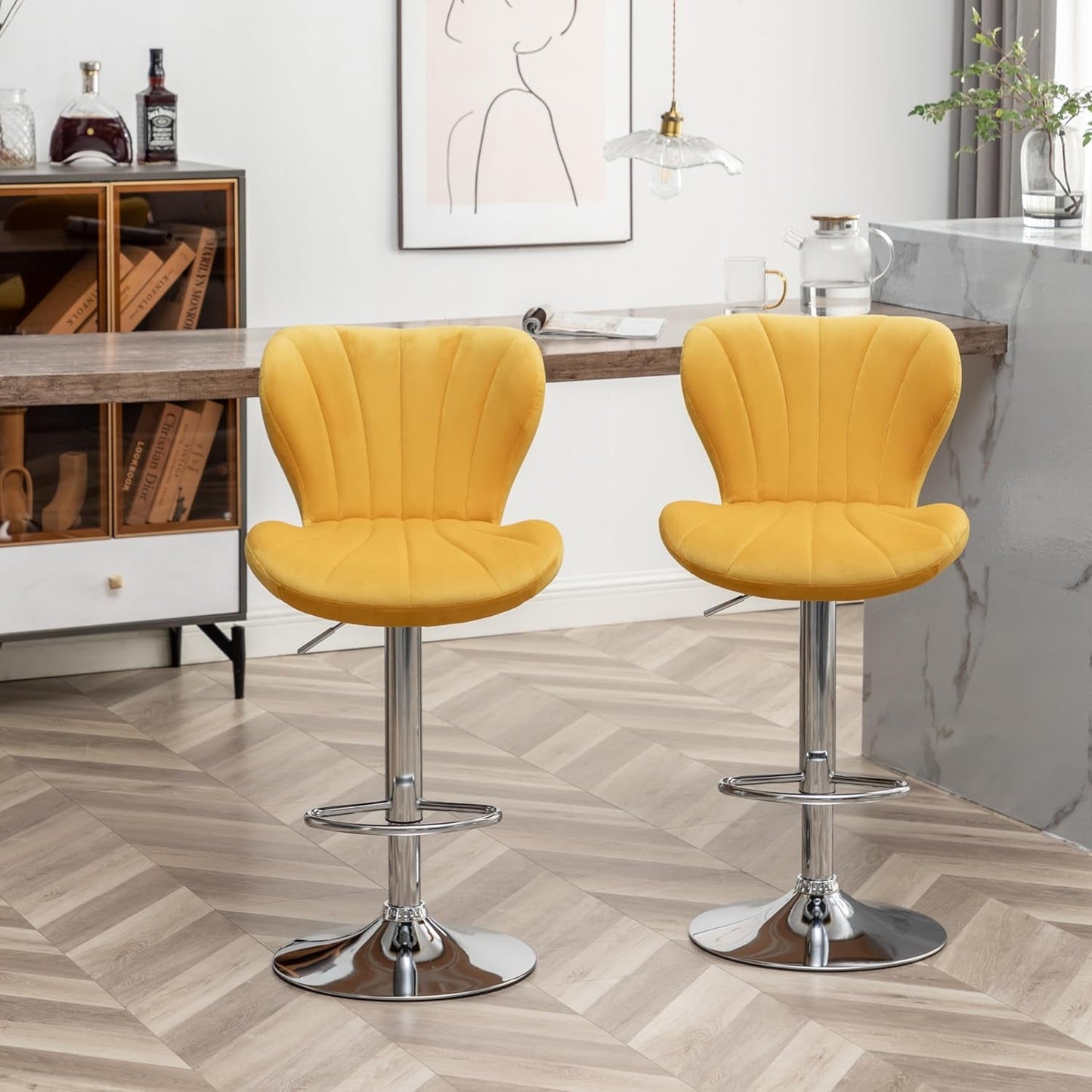 Ellston Velvet Adjustable Swivel Barstools in Yellow, Set of 2-1