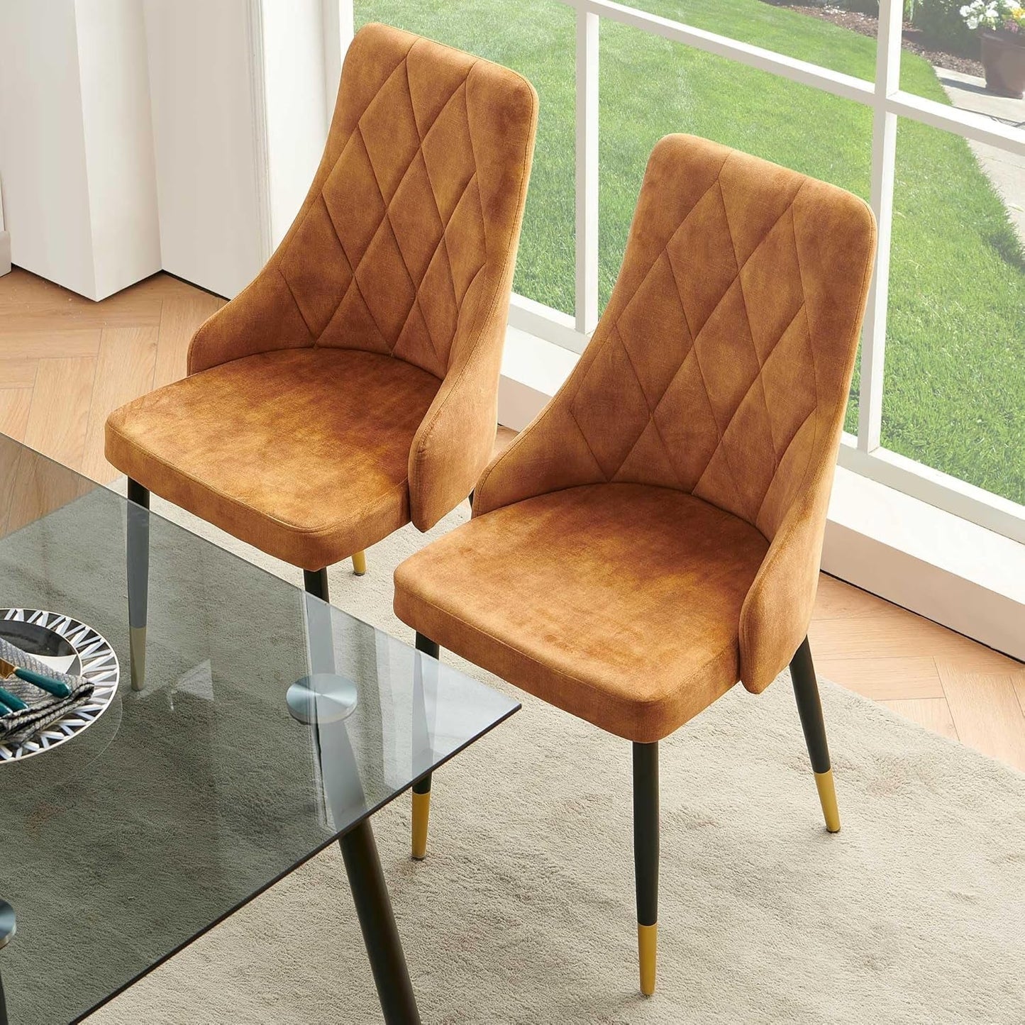 Upholstered Velvet Dining Chair Set of 4, Mustard Armless Side Chair with Metal Legs for Home Kitchen-3