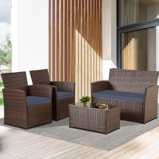 4 Piece Outdoor Patio Furniture Sets, Wicker Sectional Conversation Sofa Set, Rattan Table and Chairs and Loveseat with Cushions for outside Balcony Porch Backyard (Brown-Blue)-0