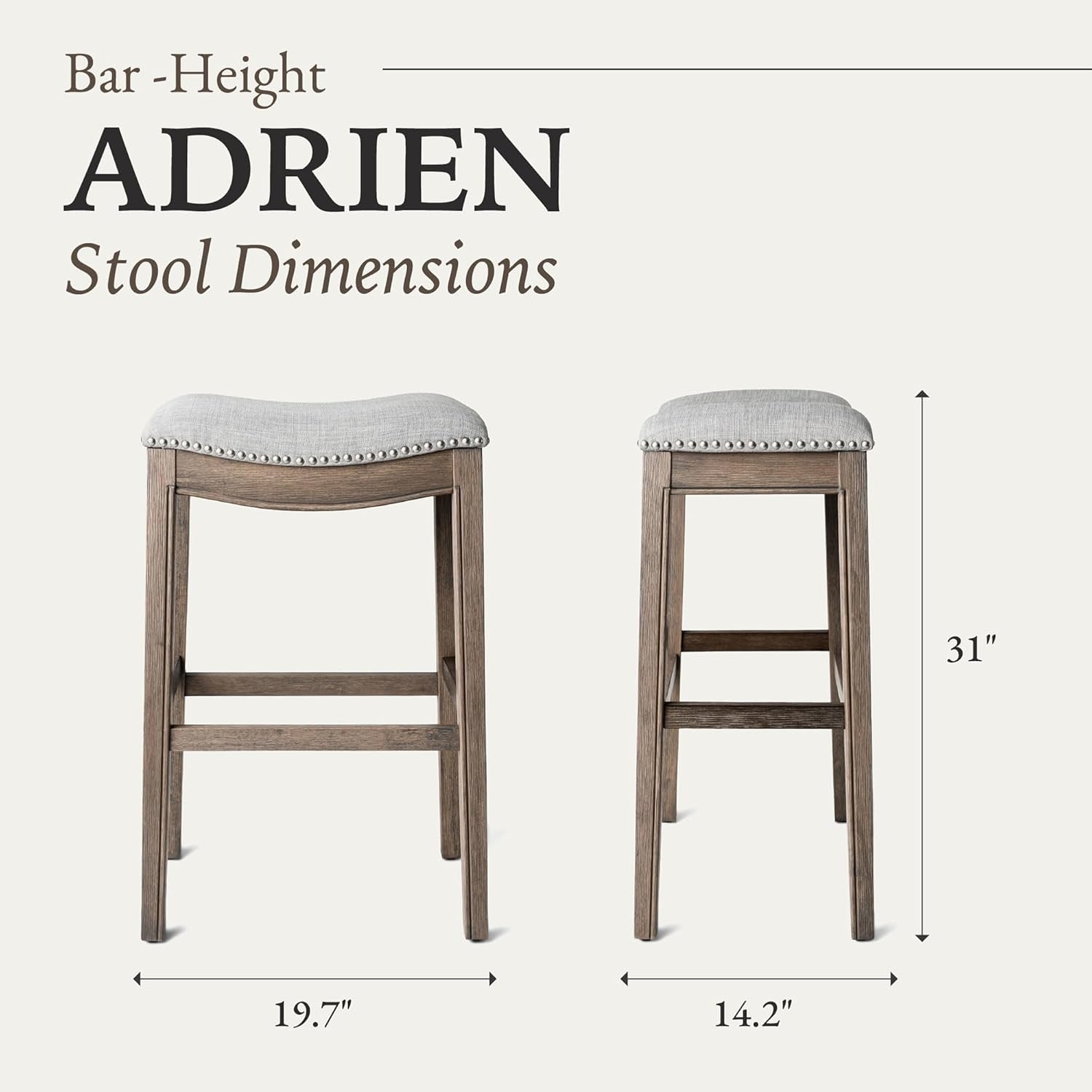 Adrien 31 Inch Bar Height Upholstered Backless Saddle Barstool in Reclaimed Oak Finish with Ash Grey Fabric Cushion Seat, Set of 4-2