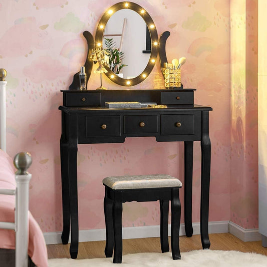Black Vanity Dressing Table Set with Rotating Mirror-1