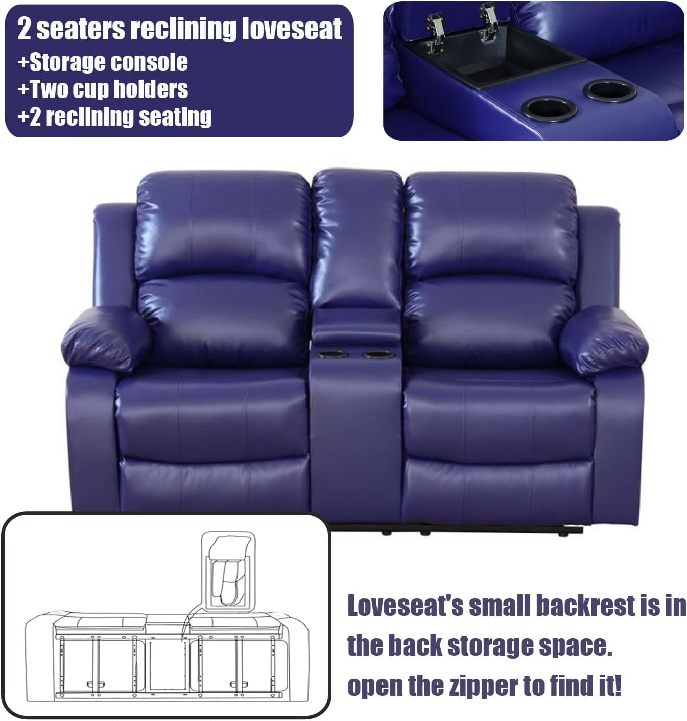 Blue Leather Reclining Sofa Set for Living Room Set,Recliner Sofa with Drop down Table/Double Recliner Loveseat with Storage Console/Recliner Chair/Faux Leather-3