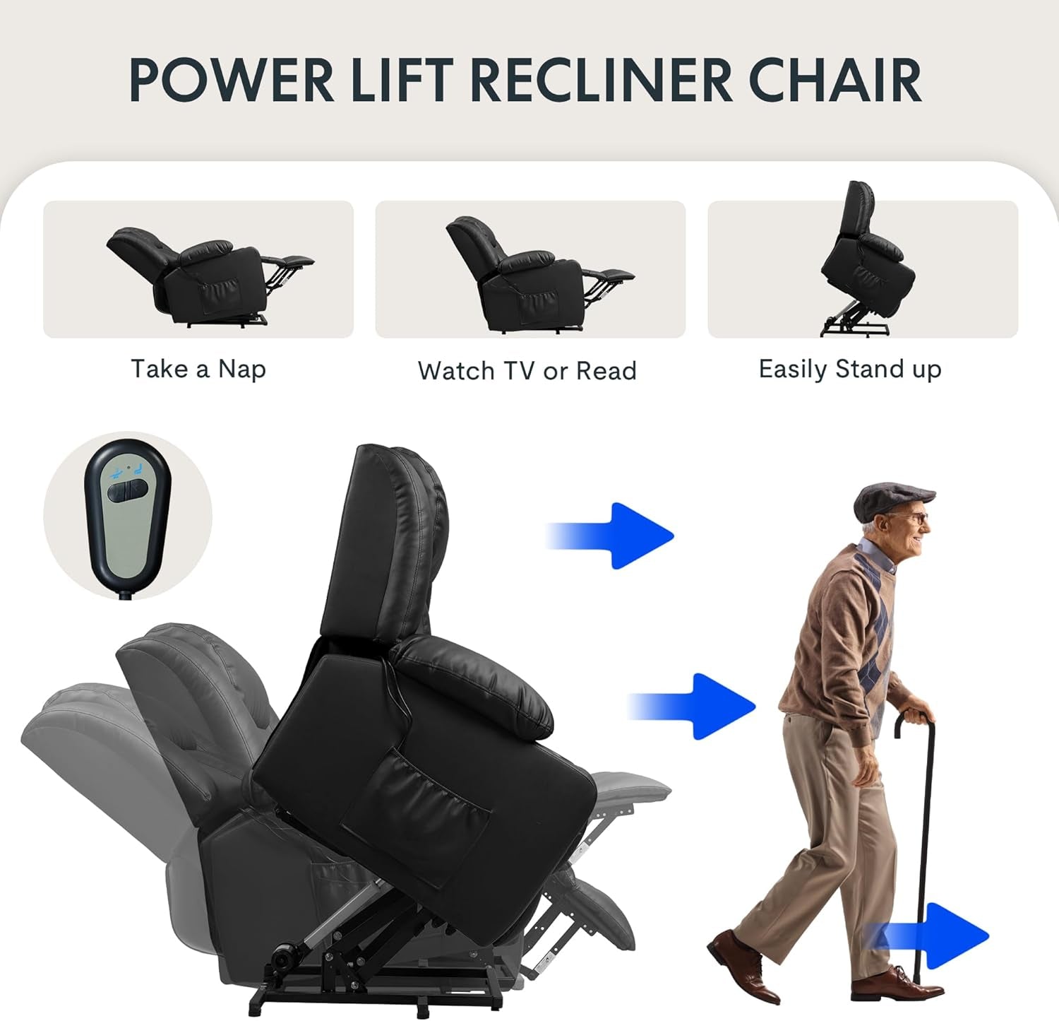 XL31 Power Lift Recliner Chair for Elderly, Oversized Electric Leather Lift Chair with Cup Holders, Side Pockets, Massage Reclining Chair Sofa for Living Room Bedroom (Black)-3