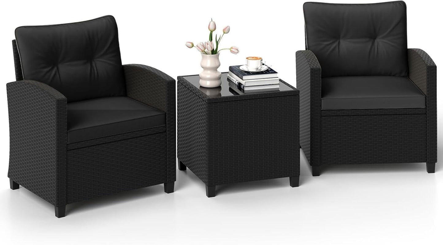 3 Pieces Patio Furniture Set, Wicker Conversation Set Outdoor Chairs with Cushions, Glass Coffee Table, Rattan Bistro Set for Front Porch Balcony Garden Deck Poolside (Black)-0