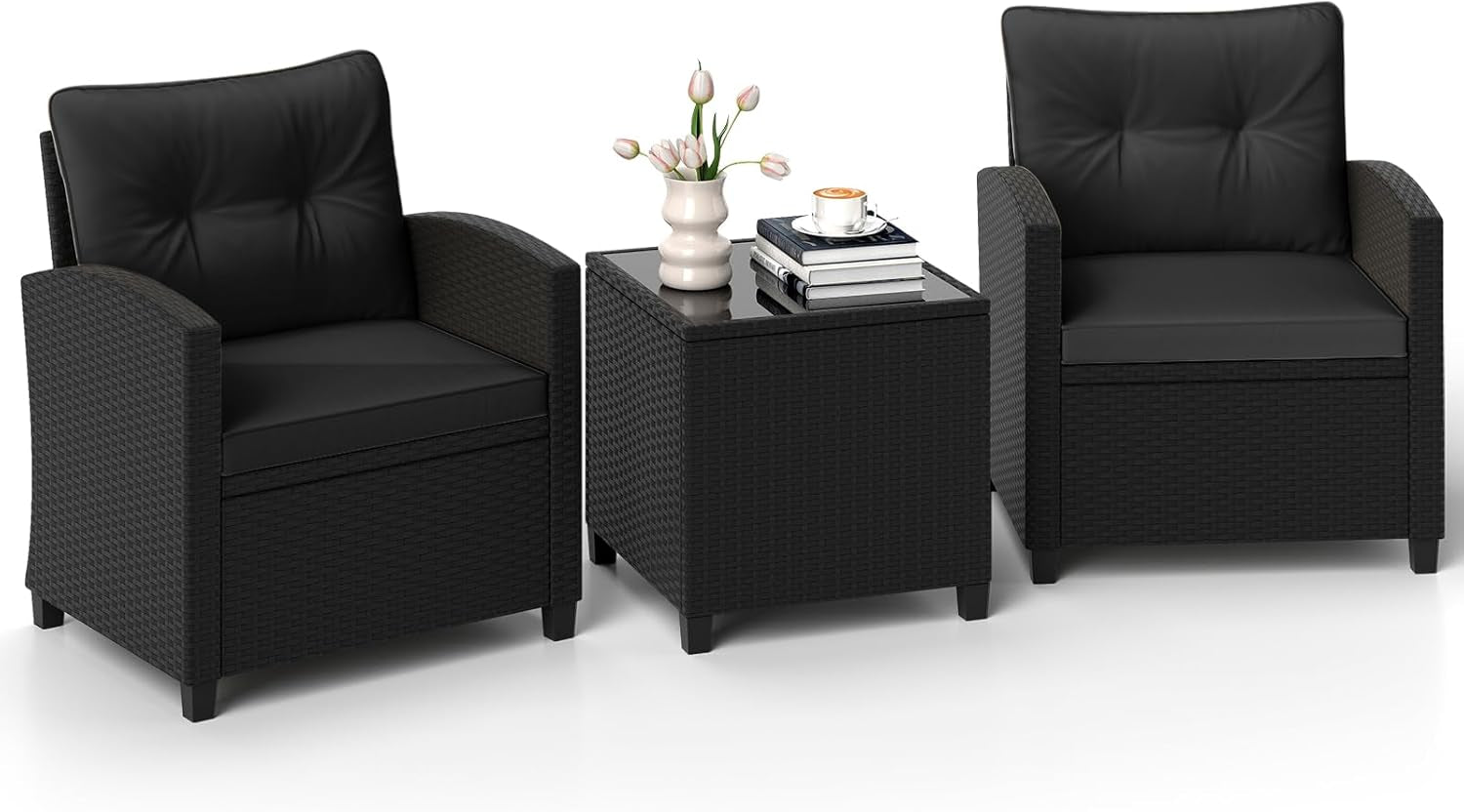 3 Pieces Patio Furniture Set, Wicker Conversation Set Outdoor Chairs with Cushions, Glass Coffee Table, Rattan Bistro Set for Front Porch Balcony Garden Deck Poolside (Black)-0