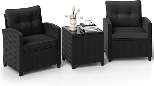 3 Pieces Patio Furniture Set, Wicker Conversation Set Outdoor Chairs with Cushions, Glass Coffee Table, Rattan Bistro Set for Front Porch Balcony Garden Deck Poolside (Black)-0
