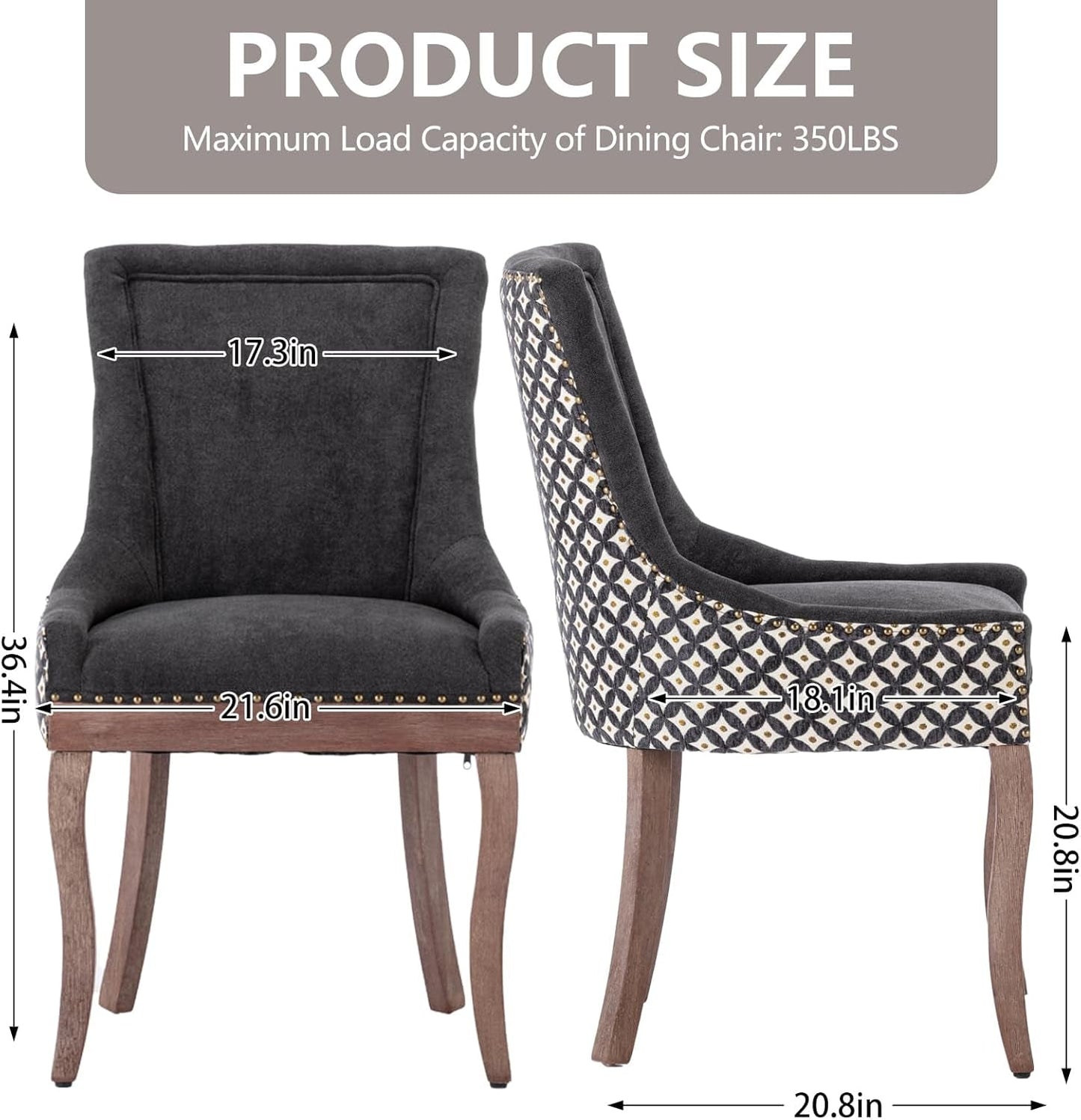 Modern Dining Chairs Set of 2, High Back Dining Chairs Side Chairs with Solid Wood Legs, Upholstered Fabric Dining Room Chairs for Dining Room Kitchen, Black and Patterned-2