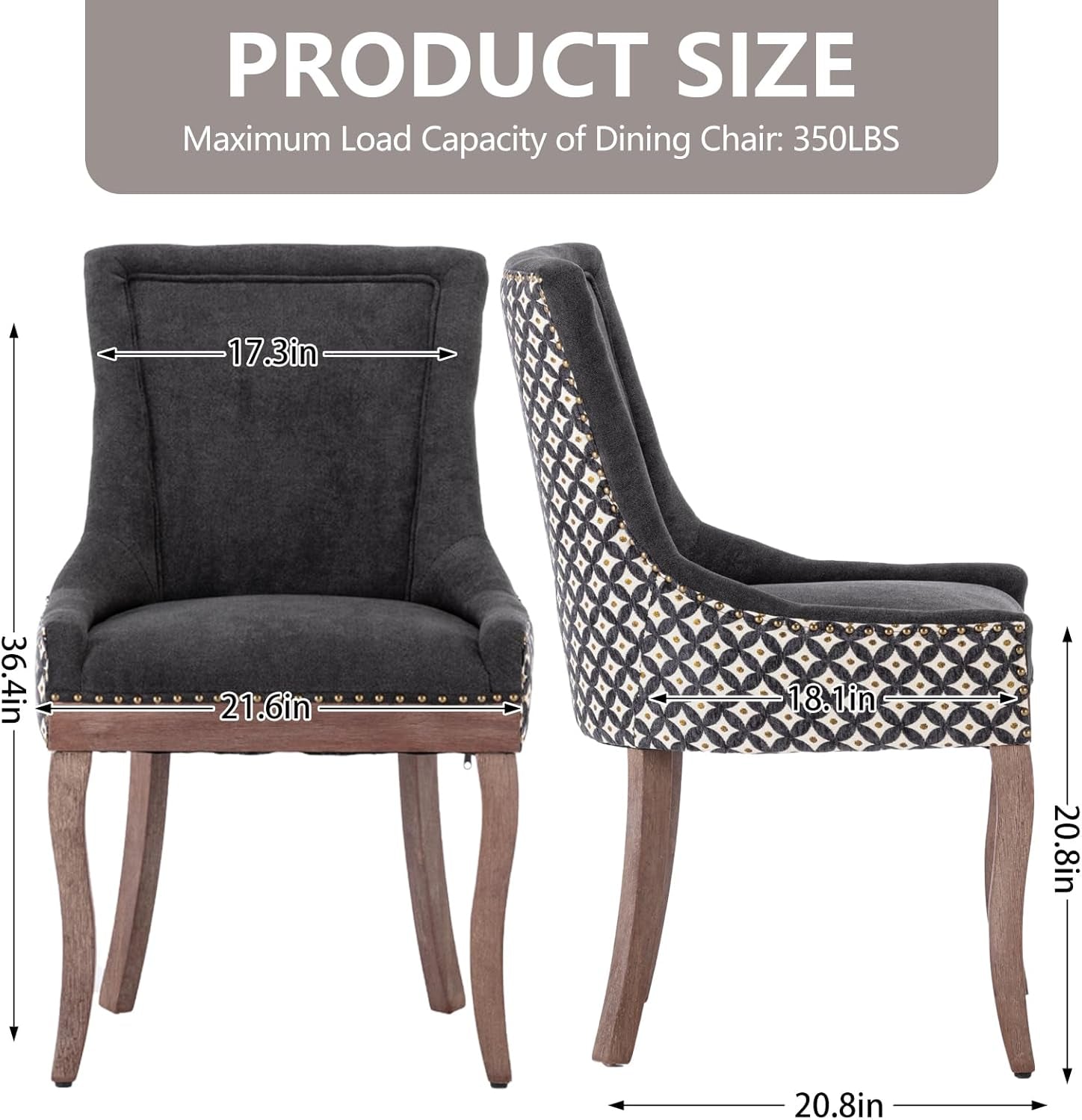 Modern Dining Chairs Set of 2, High Back Dining Chairs Side Chairs with Solid Wood Legs, Upholstered Fabric Dining Room Chairs for Dining Room Kitchen, Black and Patterned-2