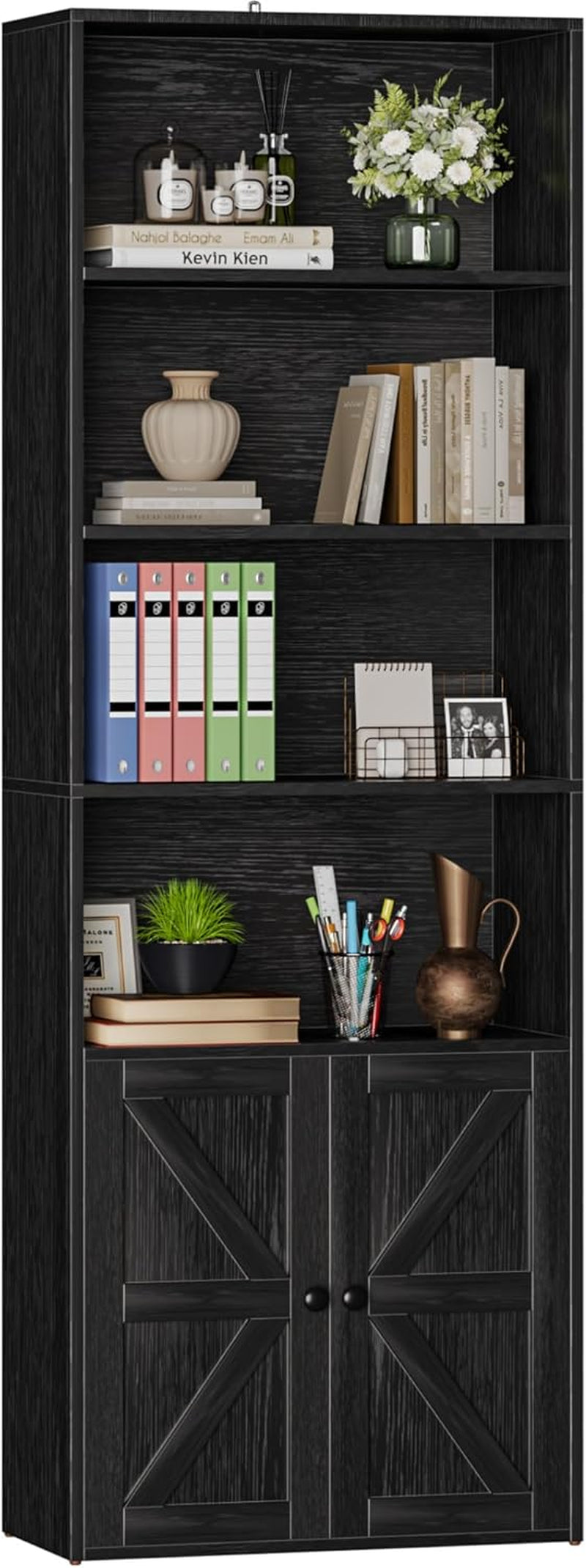 Industrial Bookshelf and Bookcases with Doors Modern Bookshelf Cabinet Tall Bookshelf Storage for Home Office, Bedroom (Black)-0