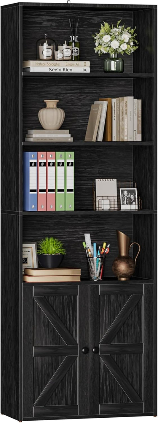 Industrial Bookshelf and Bookcases with Doors Modern Bookshelf Cabinet Tall Bookshelf Storage for Home Office, Bedroom (Black)-0