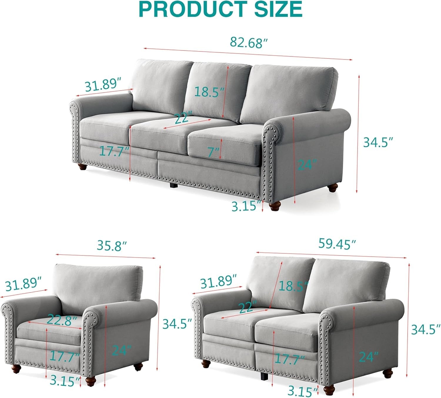 2-Piece Sofa Set Couch and Loveseat Set 2+3 Seater Sofa Set with Storage Space & Solid Wood Legs, 2-Piece Living Room Set Linen Upholstered Couch Set for Living Room (Grey)-1