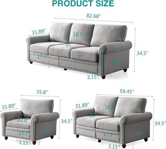 2-Piece Sofa Set Couch and Loveseat Set 2+3 Seater Sofa Set with Storage Space & Solid Wood Legs, 2-Piece Living Room Set Linen Upholstered Couch Set for Living Room (Grey)-1