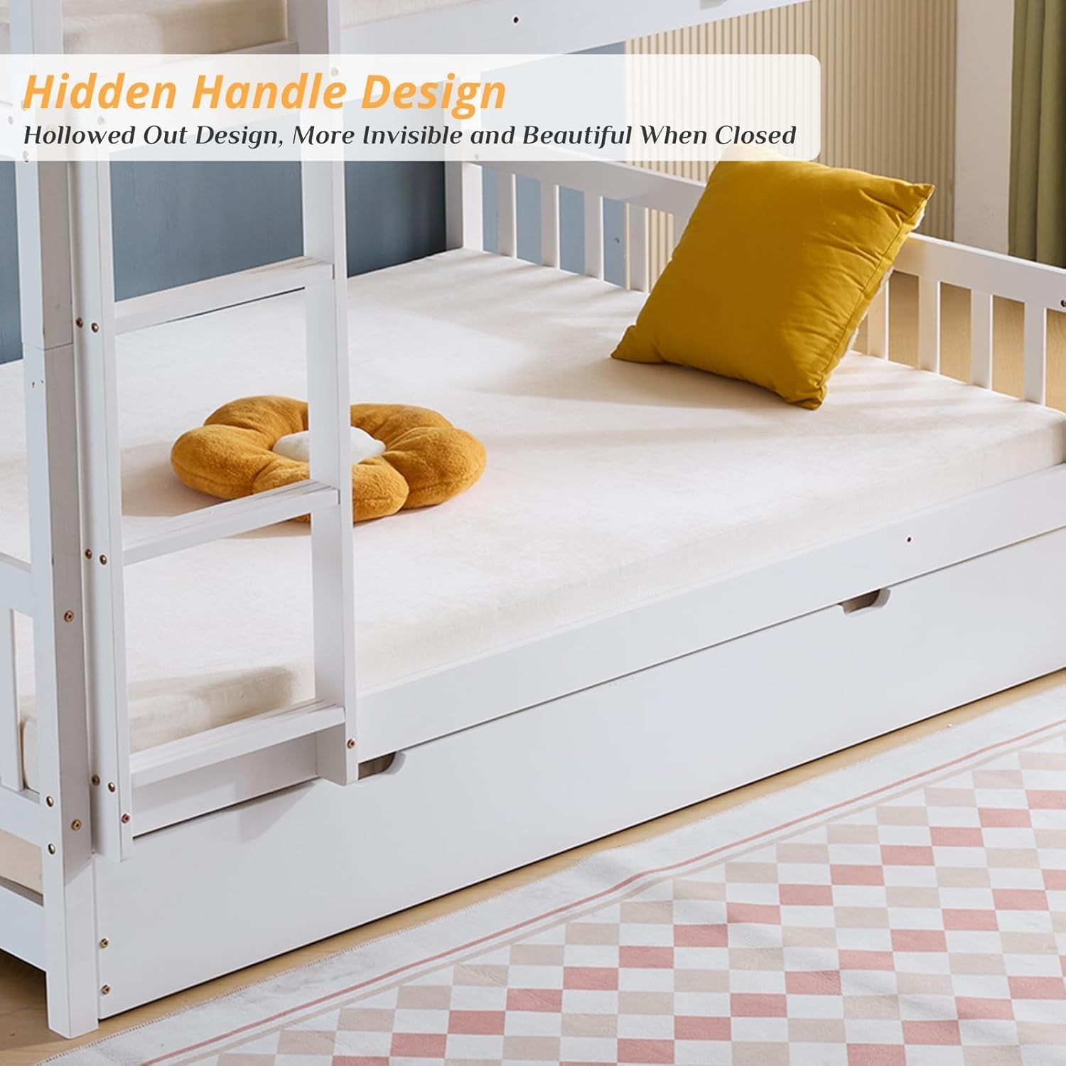 Wooden Bunk Bed,Full over Full White Bed with Trundle and Ladder,Detachable Bunk Frame with Guardrail,Space Saving Bunk Bed for Kids and Adults, No Spring Bed Required-3