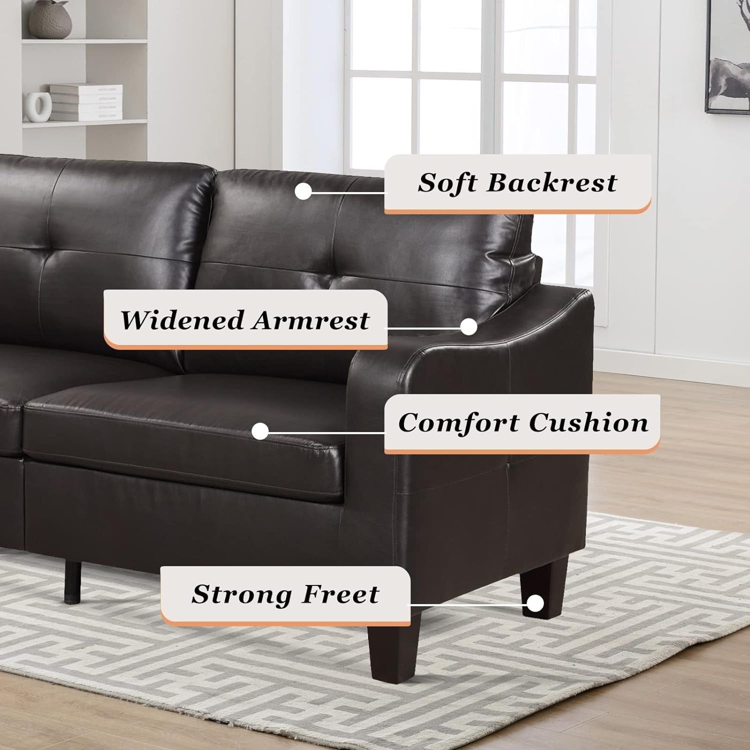 2 Piece Living Room Sofa Set, Wood Frame and Sturdy Legs, Modern Upholstered Sofa Sets with 3-Seat Couch and Faux Leather Loveseat Sofa for Living Room and Bedroom, Dark Brown-3