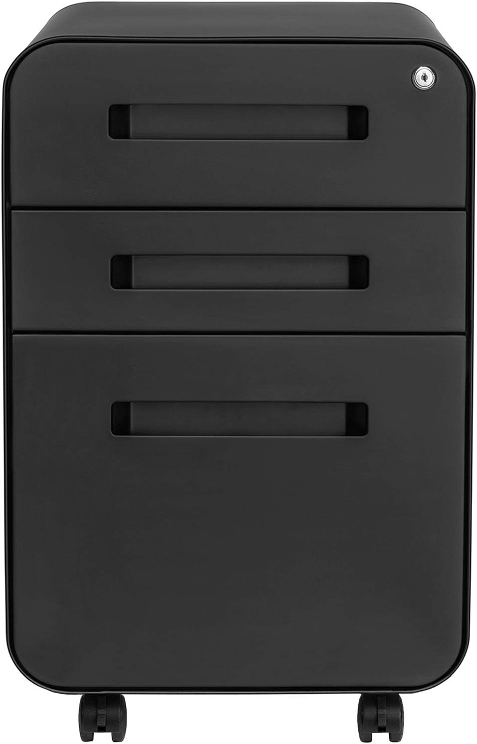 Stockpile 3 Drawer File Cabinet with Lock - under Office Desk Metal Filing Cabinet, Legal/Letter File Folders, Wheels and Stationary Feet, Pre-Assembled, Black-3