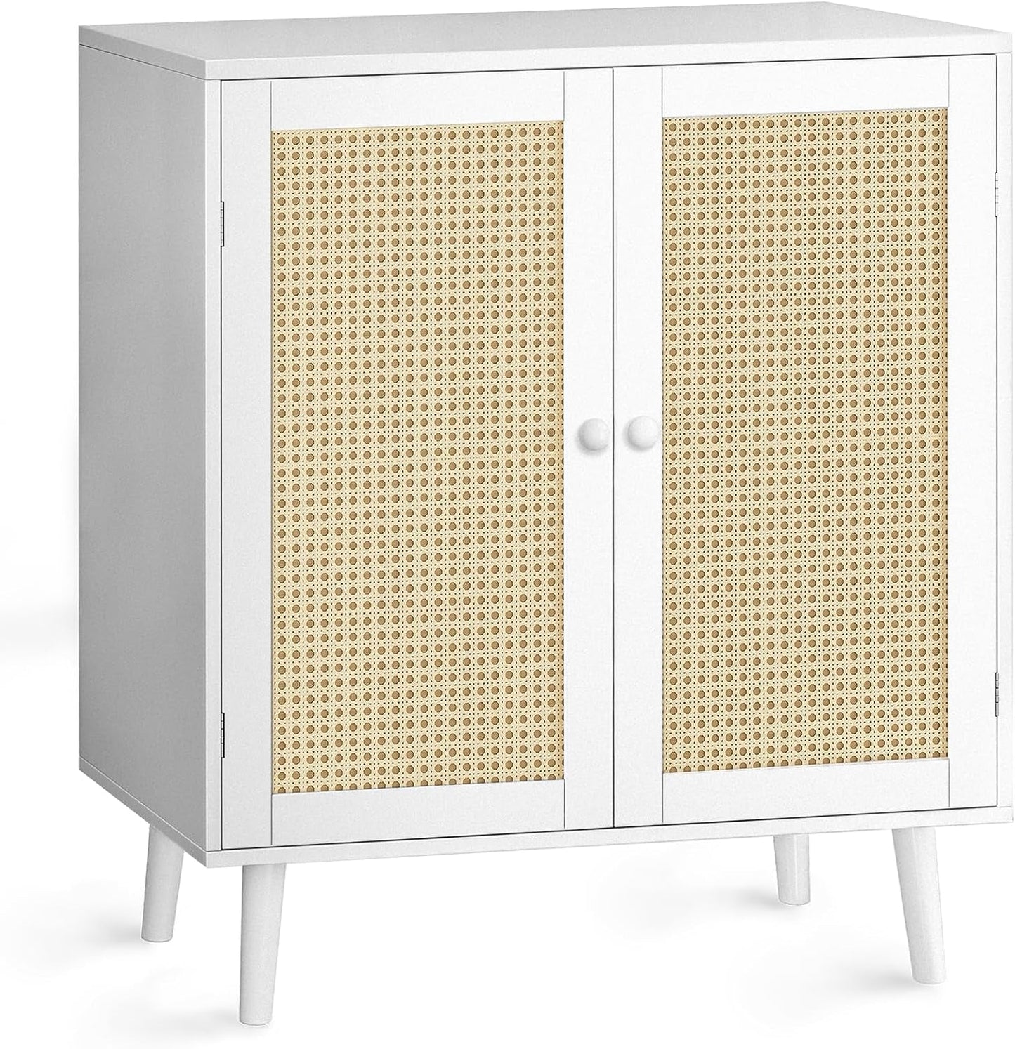 Buffet Cabinet with Storage, Storage Cabinet with PE Rattan Decor Doors, Accent Cabinet with Solid Wood Feet, Sideboard Cabinet for Hallway, Entry, Living Room, White-0