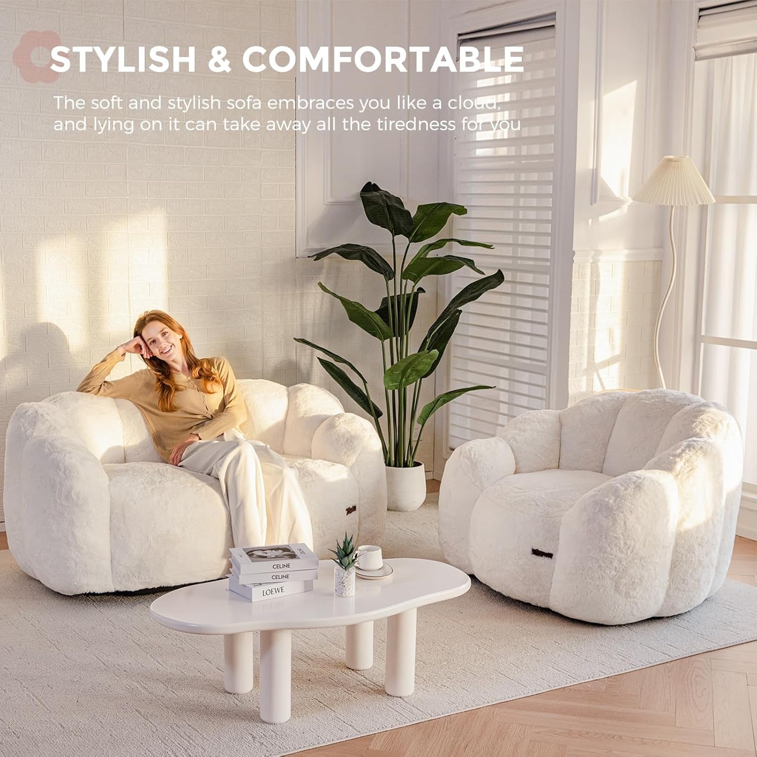 Beige Floral Shaped Loveseat Bean Bag Sofa-3