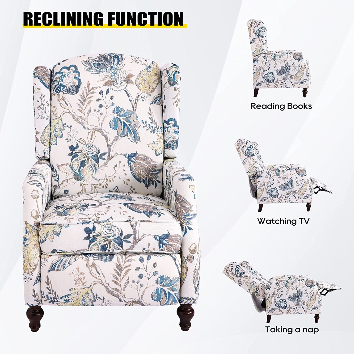 Upholstered Wingback Recliner Chair, Padded, Blue Floral-2