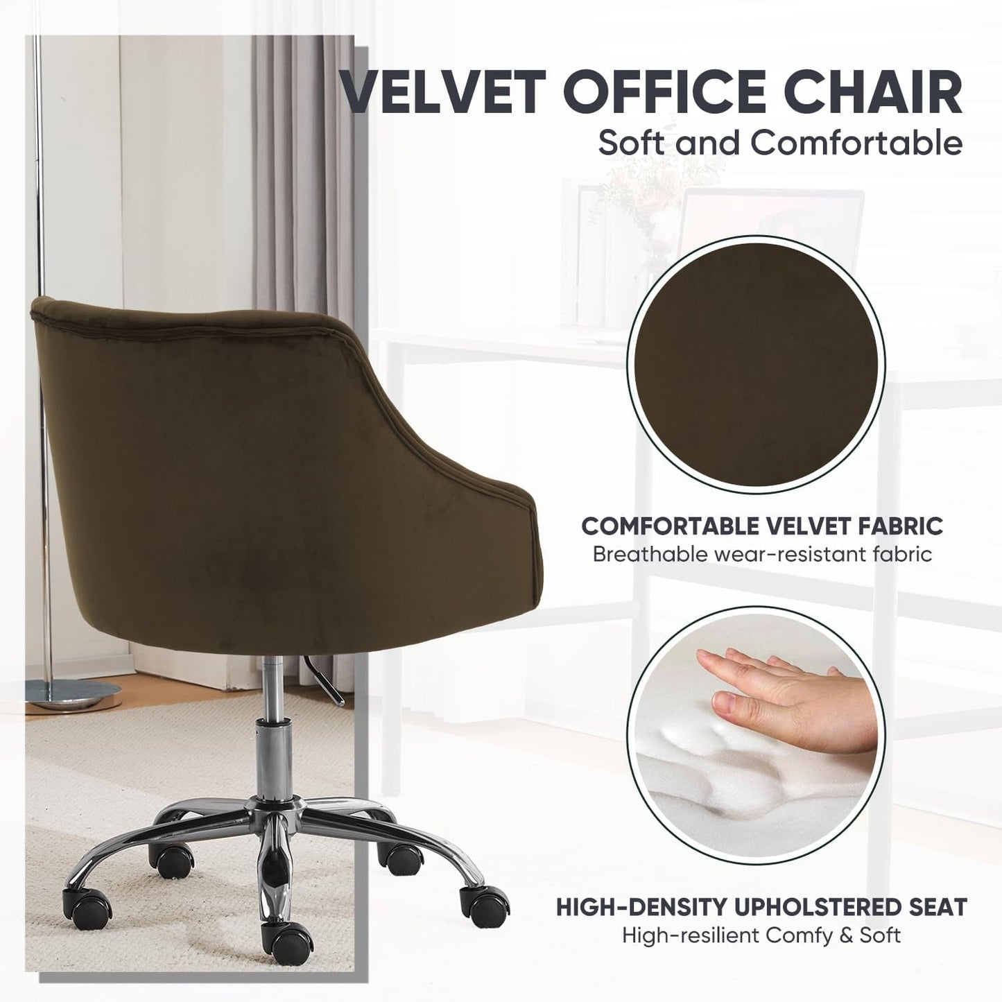 Velvet Office Swivel Chair, Vanity Chair, Fabric Desk Chair, Pretty Fancy Chair, Gold Office Chair for Girls, 360°Swivel Height Adjustable Reception Chair (BROWN1)-3