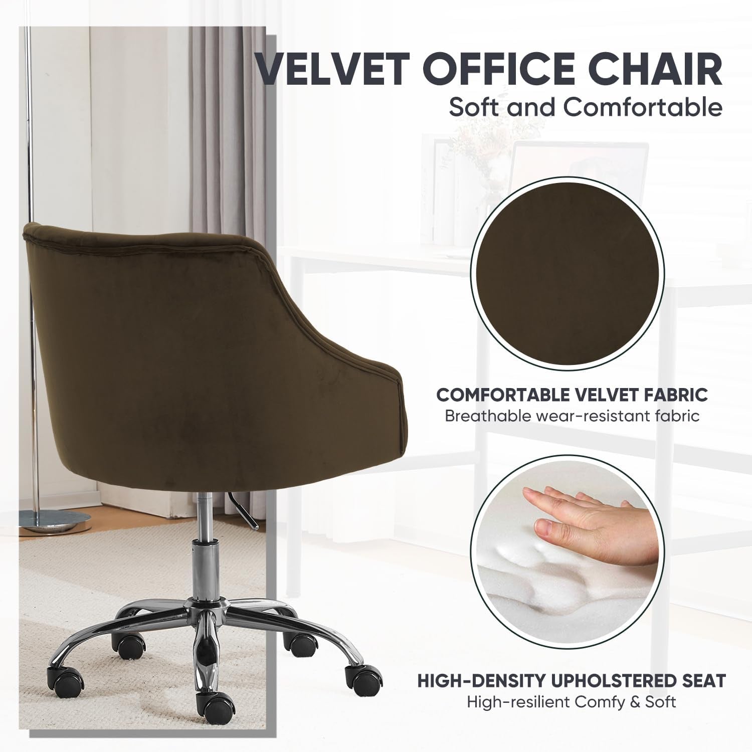 Velvet Office Swivel Chair, Vanity Chair, Fabric Desk Chair, Pretty Fancy Chair, Gold Office Chair for Girls, 360°Swivel Height Adjustable Reception Chair (BROWN1)-3