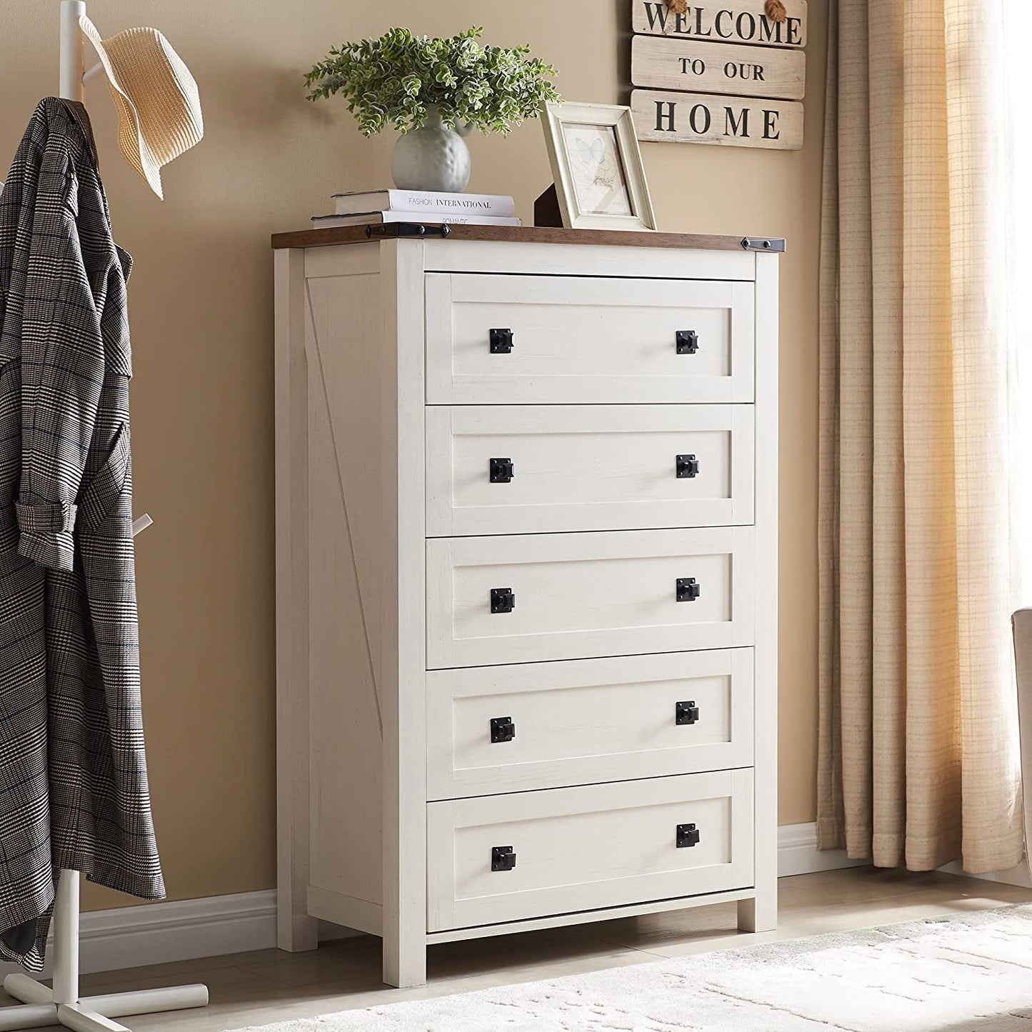Rustic Tall Chest of Drawers, Antique White-0