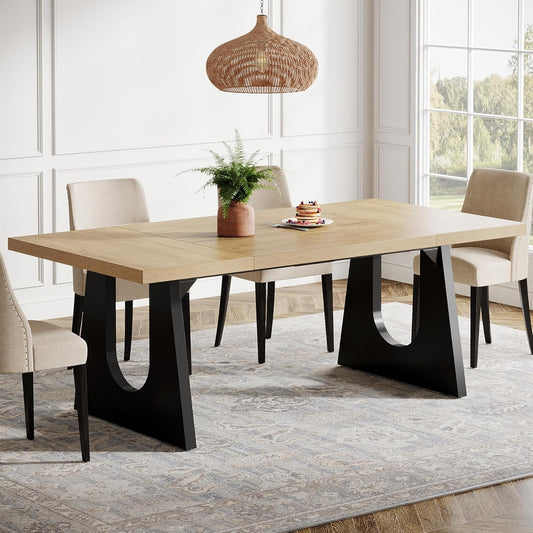 Large Dining Table for 6-8 People, 70.9-Inch Wood Rustic Rectangular Table with Black Wooden Legs, Farmhouse Center Kitchen Table for Dining Room, Living Room, Home Furniture, Oak and Black-0