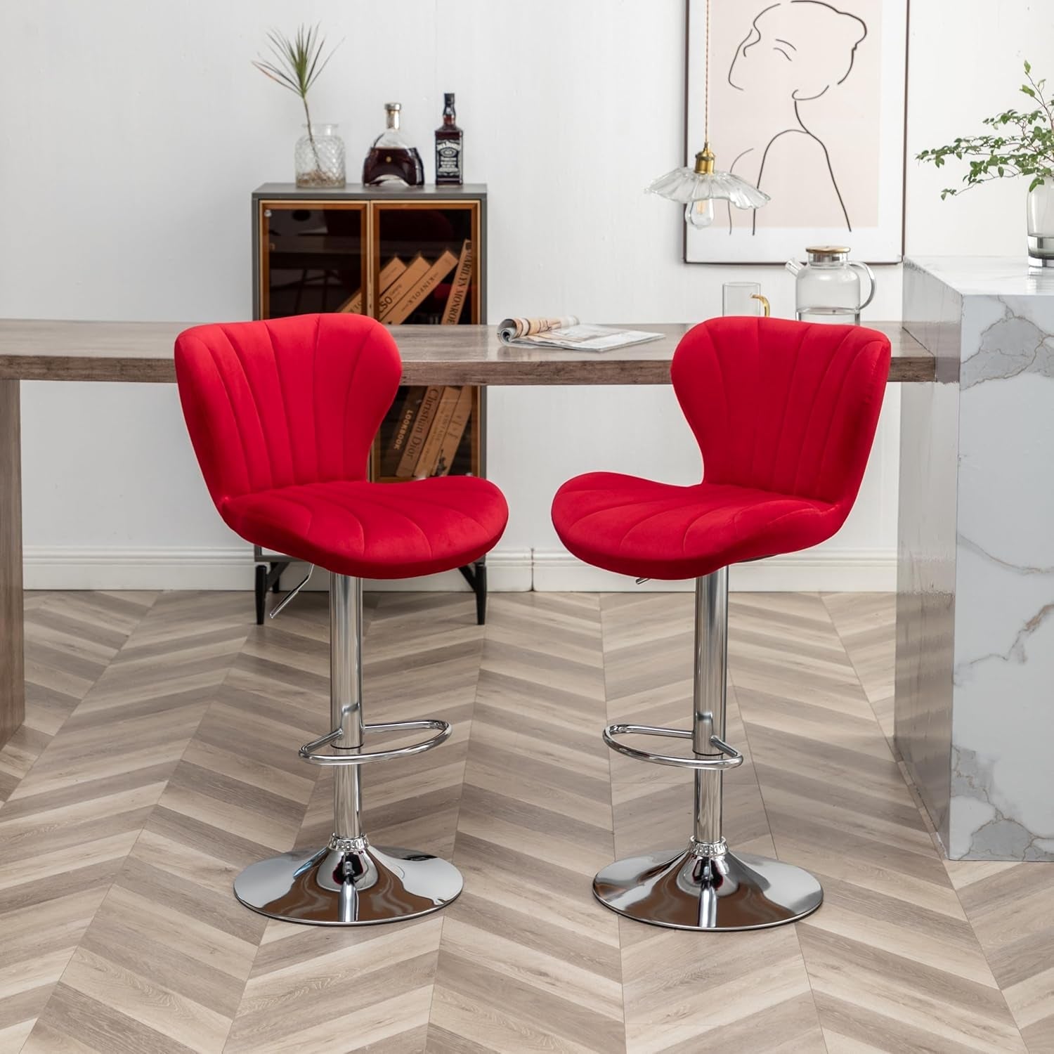 Ellston Velvet Adjustable Swivel Barstools in Red, Set of 2-4