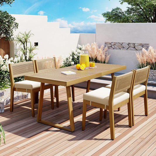 Wood Outdoor Dining Table Set for 4,All Weather Patio Chairs with Soft Cushions and Jute Rope Knitted Back-0