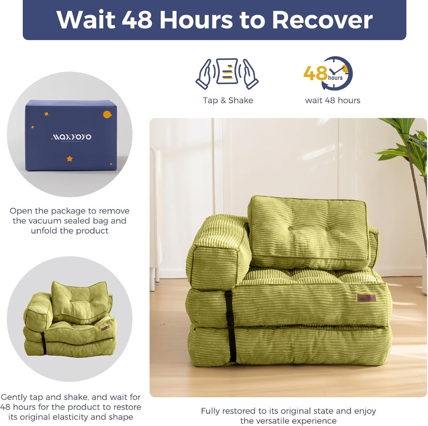 Folding Sofa Bed, L-Shaped Convertible Sofa Bed with Armrest Foldable Sleeper Sofa with Pillow, Portable Fold Out Chair Bed Comfy Floor Sofa Lounge for Living Room Bedroom, Green-4