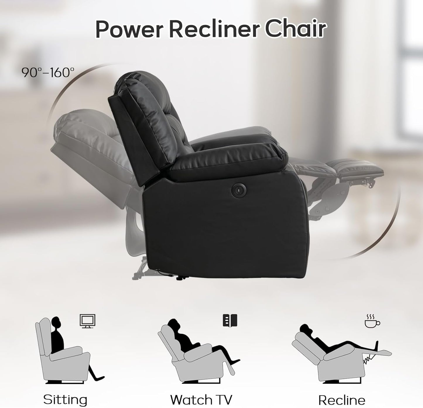 Faux Leather Power Recliner Sofa Set, Electric Recliner Chair, Loveseat Reclining Sofa and 3 Seat Recliner Sofa, Couch Set for Living Room, Bedroom Furniture, Meeting Room, Black-3