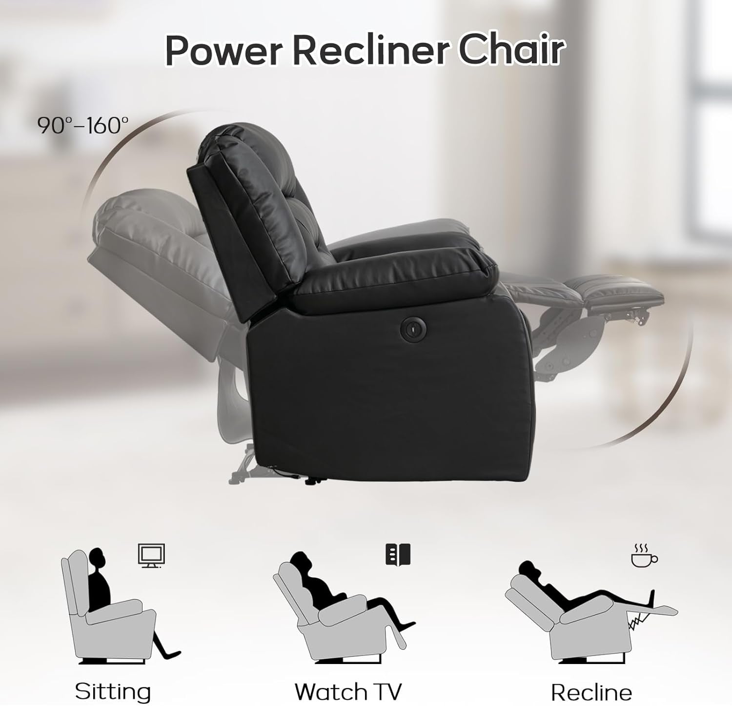 Faux Leather Power Recliner Sofa Set, Electric Recliner Chair, Loveseat Reclining Sofa and 3 Seat Recliner Sofa, Couch Set for Living Room, Bedroom Furniture, Meeting Room, Black-3