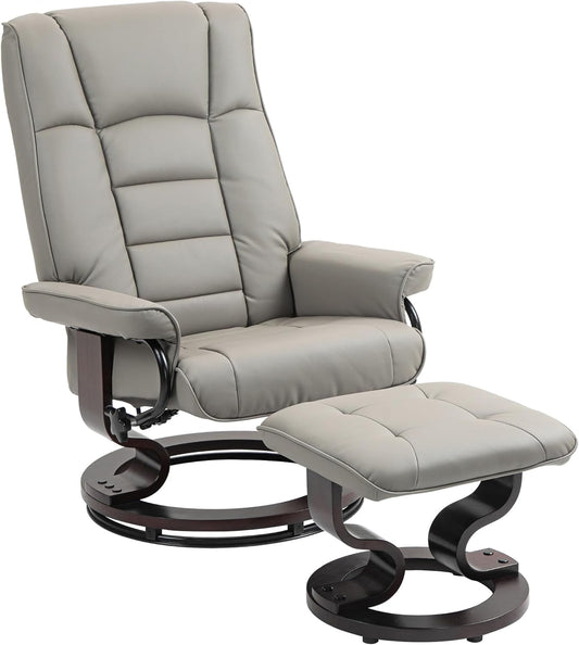 Faux Leather Reclining Chair, Swivel Ottoman Chair, Recliner with Ottoman with High Back and Wood Frame for Living Room, Gray-0