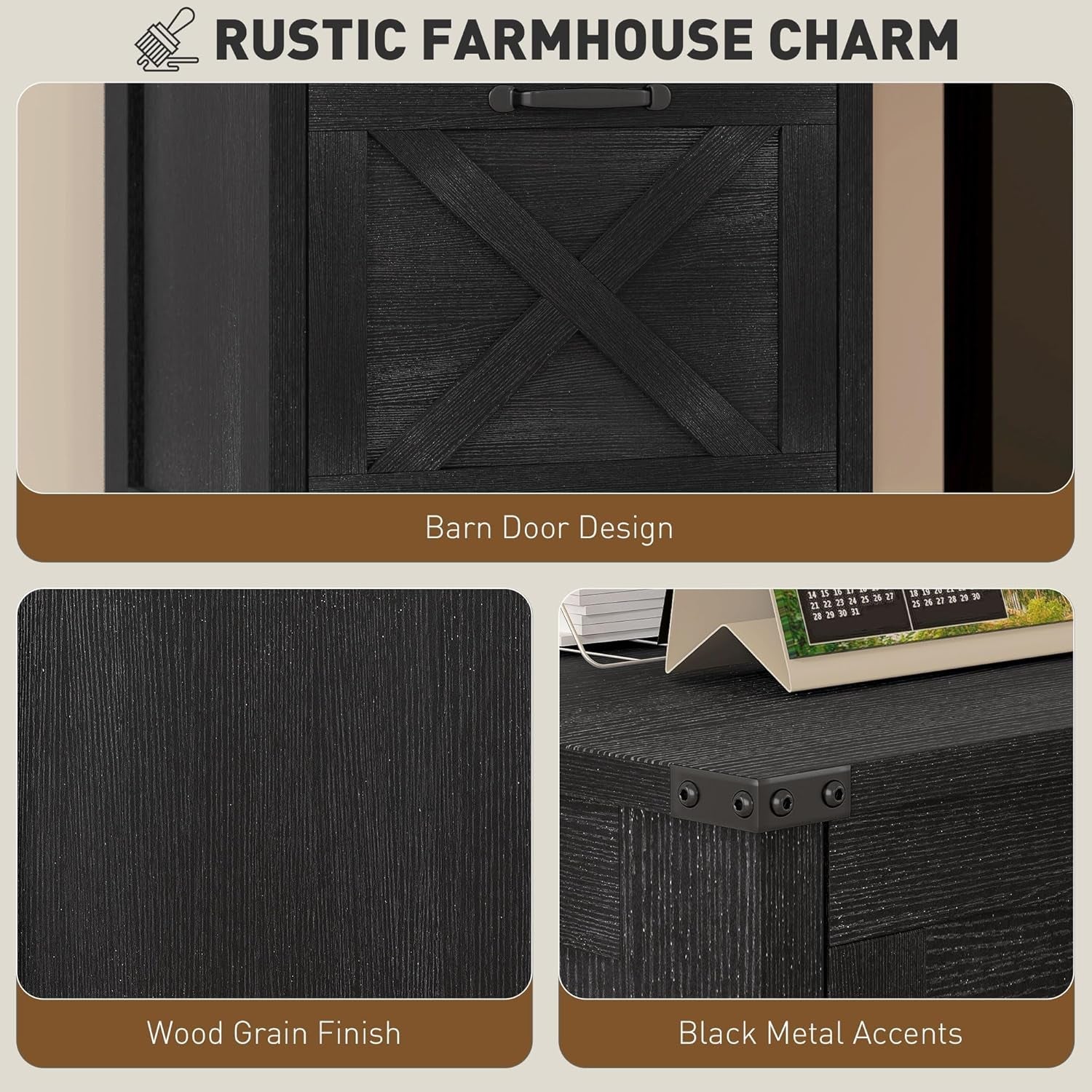 2 Drawer Vertical File Cabinet with Silent Slides, Rustic Farmhouse Filing Cabinet with Barn Doors for A4/Letter Size, Printer Stand with Storage for Home Office, Distressed Black-3