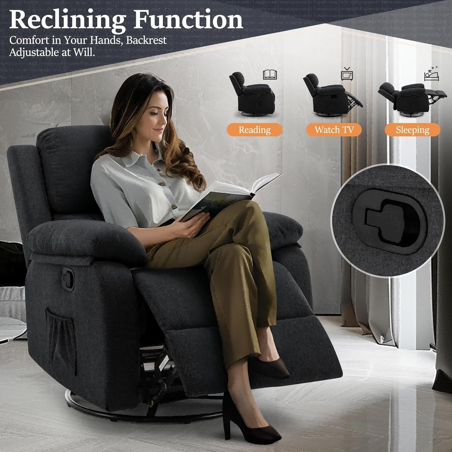 Recliner Chair, 360 Swivel Rocker Chair for Adults, Small Rocking Recliner Chair for Small Spaces, Upholstered Fabric Glider Recliner Nursery Chair with Side Pockets for Living Room, Nursery-3