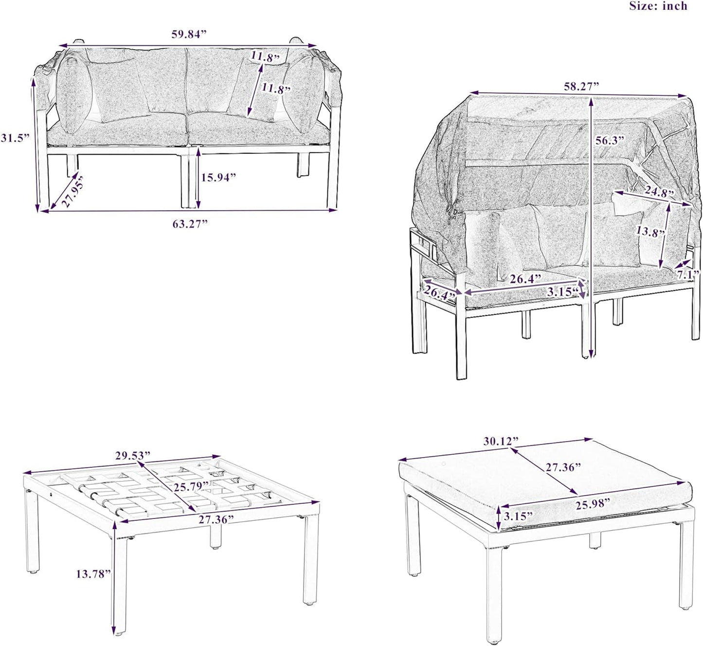 3-Piece Patio Daybed with Retractable Canopy and Cushions, Outdoor Metal Sectional Sofa Set Sun Lounger for Backyard, Porch, Poolside, Beige-1