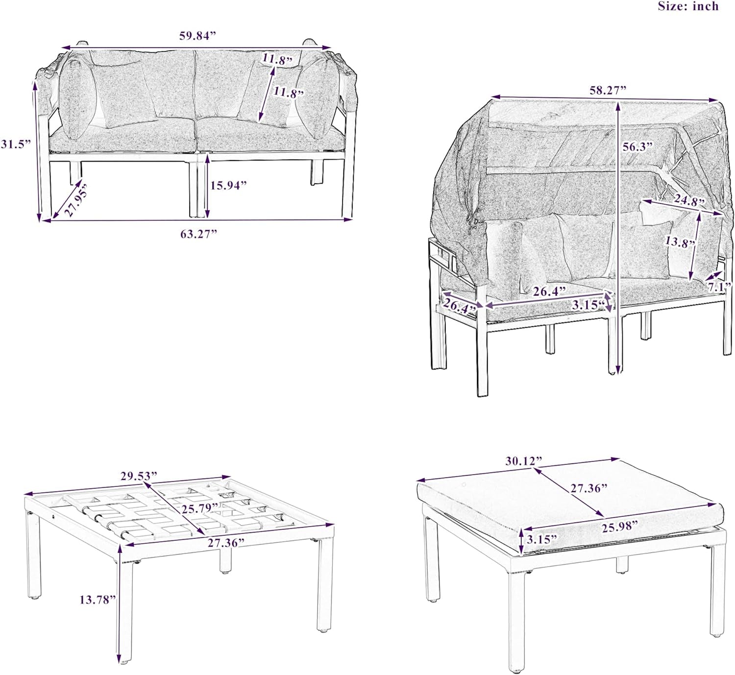 3-Piece Patio Daybed with Retractable Canopy and Cushions, Outdoor Metal Sectional Sofa Set Sun Lounger for Backyard, Porch, Poolside, Beige-1