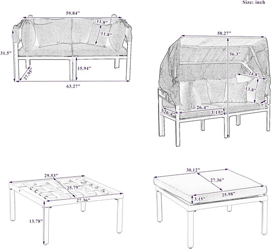 3-Piece Patio Daybed with Retractable Canopy and Cushions, Outdoor Metal Sectional Sofa Set Sun Lounger for Backyard, Porch, Poolside, Beige-1